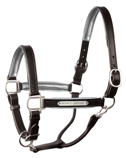 Perri’s® 1’’ Padded Leather Halter with Nameplate - Black/Gunmetal / Horse - Halters Leather