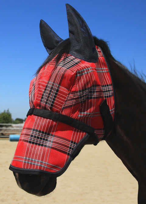 Kensington™ Signature Fly Mask with Removable Nose Mesh Ears & Forelock Opening - Deluxe Red / L-Average - Fly Masks &
