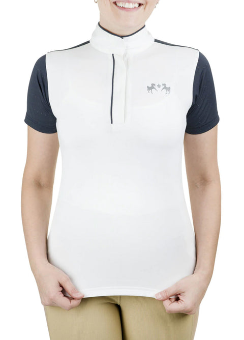 Equine Couture™ Ladies’ Magda EquiCool Short Sleeve Show Shirt - White/Ec Navy / 1X - Show Shirts