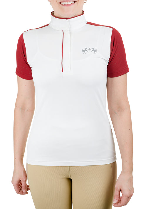 Equine Couture™ Ladies’ Magda EquiCool Short Sleeve Show Shirt - White/Ec Red / 1X - Show Shirts