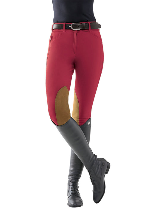 THE TAILORED SPORTSMAN™ Ladies’ Mid-Rise Vintage Patch Sock-Bottom Breech - Cherry Bomb/Tan / 24 - Knee Patch Breeches