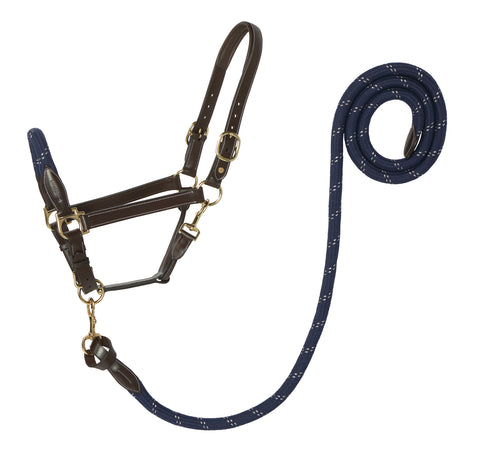 Suffolk™ Leather & Rope Halter with Lead - Chocolate/Navy / Oversize-O/S - Halters Leather