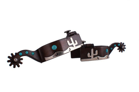 Showman® Men’s Brown Steel Spurs with Silver Cactus Overlay & Teal Marble Studs