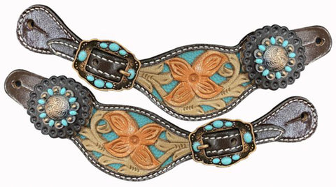 Showman® Ladies’ Floral-Tooled Western Spur Straps with Teal Underlay