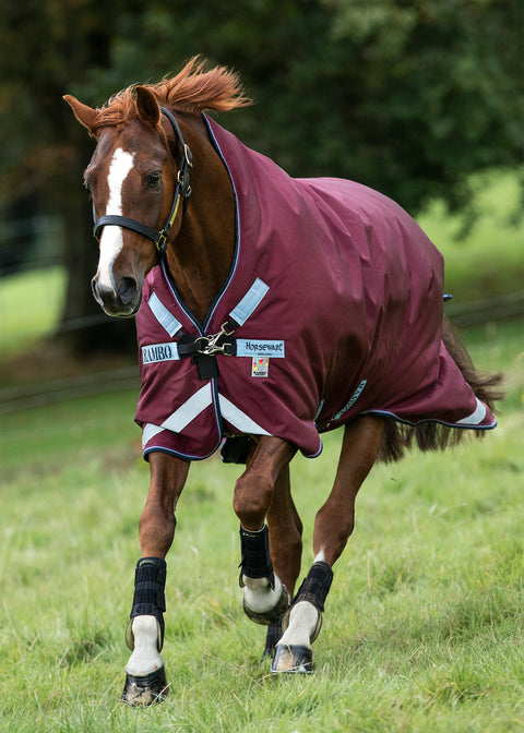 Horseware® Ireland Rambo® Wug Lite Turnout Blanket with 50 grams - Burgundy/Burgundy/Dusty Blue / 66 - Turnout Blankets