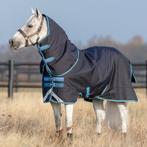Horseware® Ireland Pony Amigo® Bravo 12 Plus Medium-Weight Turnout Blanket - Navy/Turquoise / 57 - Turnout Blankets