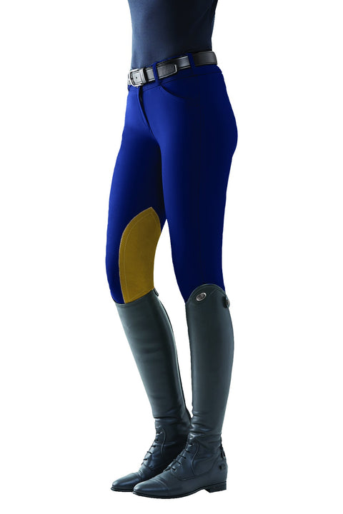 THE TAILORED SPORTSMAN™ Ladies’ Mid-Rise Vintage Patch Sock-Bottom Breech - Sapphire/Tan / 24 - Knee Patch Breeches