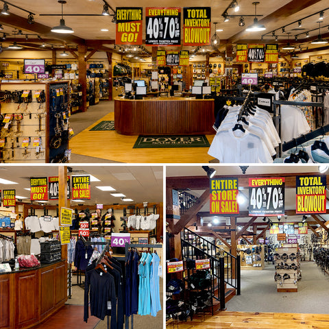 A collage of three store interiors, full of tack and apparel with signage advertising steep discounts.