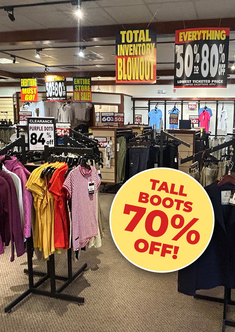 A photo of a Dover retail store full of products on sale, with a burst reading Tall Boots 70% Off.