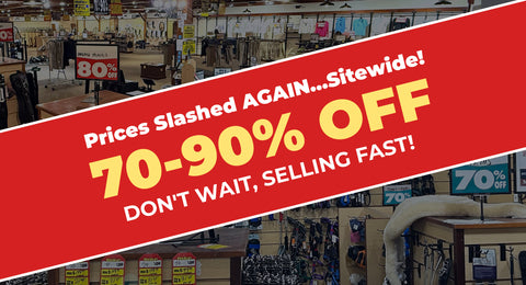 Red banner over store interior photos, reading: Prices Slashed Again Sitewide, 70-90% off, don't wait, selling fast!