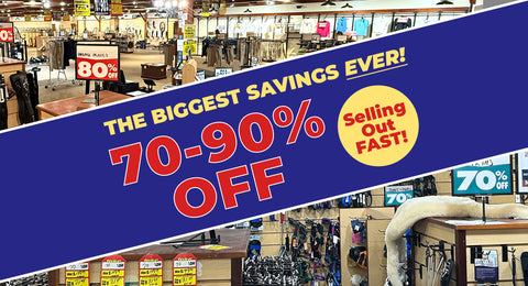 Blue banner on top of store interior, reading: The biggest savings ever! 70-90% off. Selling out fast!
