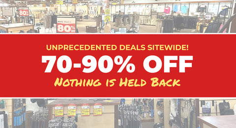 Red banner over store interior photos, reading: Unprecedented deals sitewide! 70-90% off. Nothing is held back.