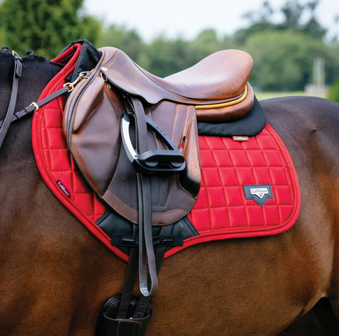 Close up of back of brown horse with a brown saddle and red quilted saddle pad with LeMieux logo.