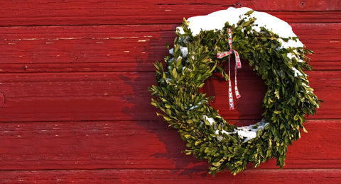 Green Christmas wreath with snow on a red wooden background