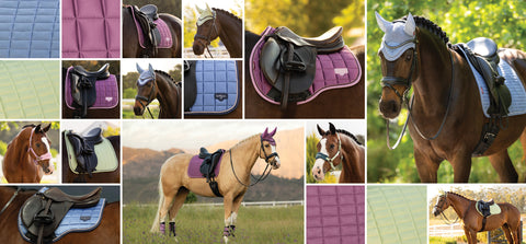 Collage of horses wearing saddle pads and fly bonnets in new shades of blue, pink and green for spring.