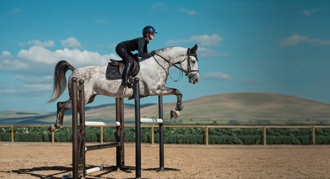 Person riding a gray horse over an oxer jump in an outdoor arena