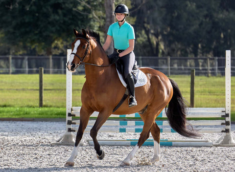 Young woman cantering a bay horse with chrome in the ring on a sunny spring morning.