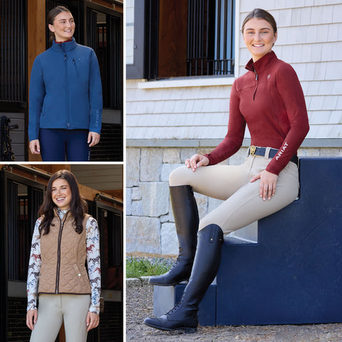 3 riders wearing Ariat fall outerwear