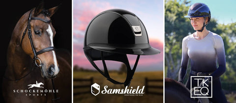 Collage of equestrian lifestyle images: a glossy black riding helmet with Samshield branding; a rider wearing a helmet and fitted long-sleeve top while mounted outdoors with TKEQ logo at bottom; a close-up portrait of a bridled horse against a dark background with Schockemöhle Sports branding,The images highlight premium riding apparel, helmets, and horse tack.