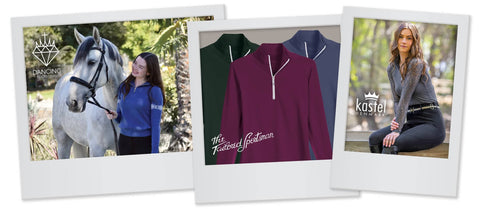 3 Polariods arranged in a row - Rider and white horse with Dancing Equestrian logo, three zip up tops with Tailored Sportsman logo, woman seated in gray zip up top with Kastel Denmark logo.