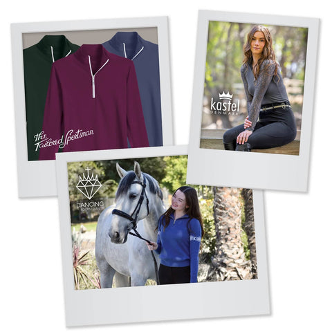 3 Polariods arranged in a row - Rider and white horse with Dancing Equestrian logo, three zip up tops with Tailored Sportsman logo, woman seated in gray zip up top with Kastel Denmark logo.