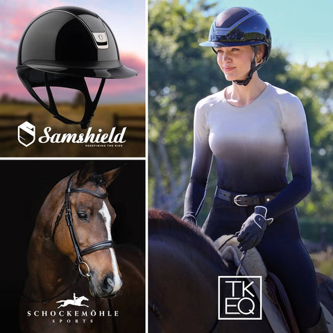 Collage of equestrian lifestyle images: a glossy black riding helmet with Samshield branding; a rider wearing a helmet and fitted long-sleeve top while mounted outdoors with TKEQ logo at bottom; a close-up portrait of a bridled horse against a dark background with Schockemöhle Sports branding,The images highlight premium riding apparel, helmets, and horse tack.