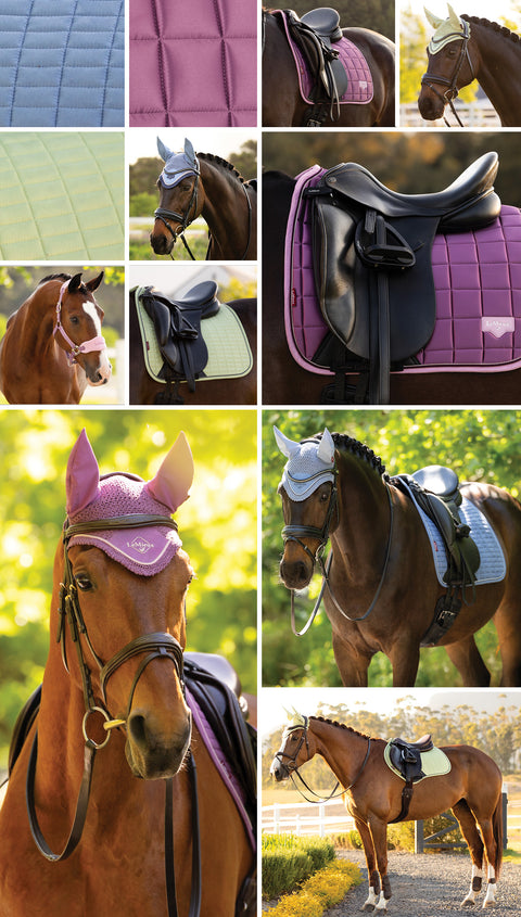 Collage of horses wearing saddle pads and fly bonnets in new shades of blue, pink and green for spring.