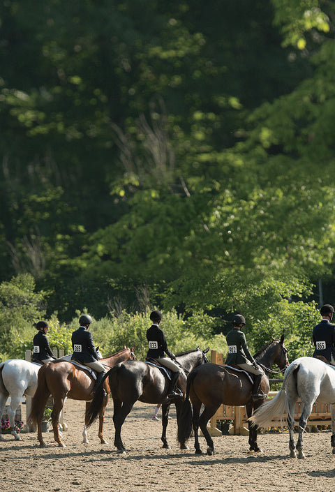 Equitation riders lined up in flat class waiting to see how the class is pinned