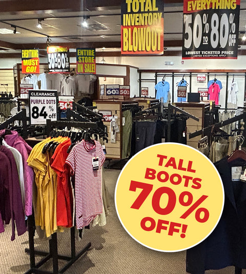 A photo of a Dover retail store full of products on sale, with a burst reading Tall Boots 70% Off.