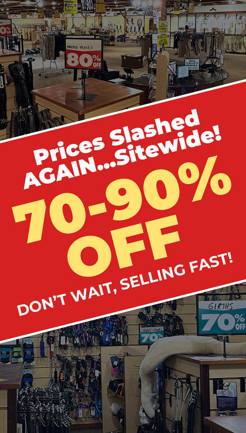Red banner over store interior photos, reading: Prices Slashed Again Sitewide, 70-90% off, don't wait, selling fast!