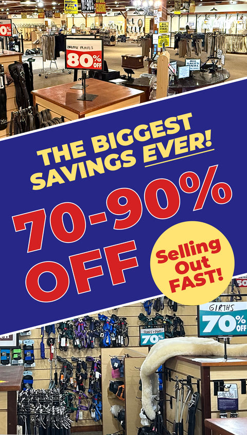 Blue banner on top of store interior, reading: The biggest savings ever! 70-90% off. Selling out fast!