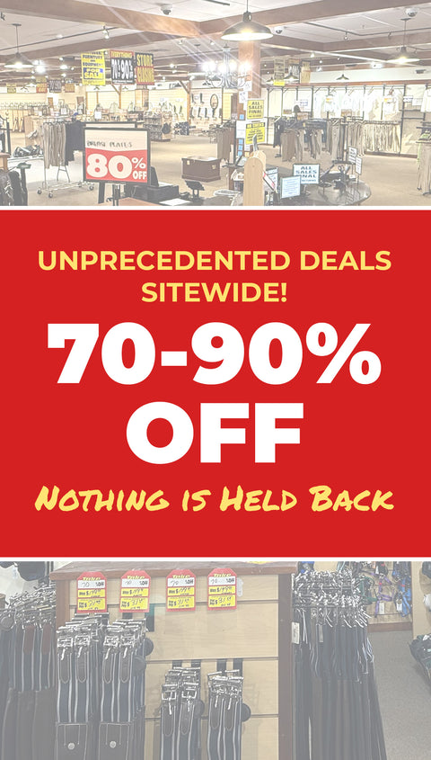 Red banner over store interior photos, reading: Unprecedented deals sitewide! 70-90% off. Nothing is held back.