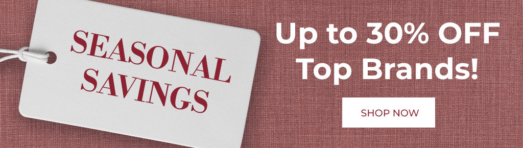 Promotional banner with 'Seasonal Savings' tag and offer details on a red background