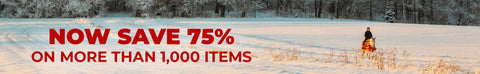 Promotional banner with text overlay on a snowy landscape with a person on a horse saying "Now save 75% on more than 1,000 items"