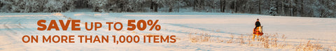 winter scene with horse & rider in n open field with promotional text "save up to 50% on more than 1,000 items"