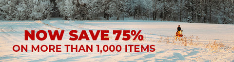 Promotional banner with text overlay on a snowy landscape with a person on a horse saying "Now save 75% on more than 1,000 items"