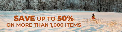 winter scene with horse & rider in n open field with promotional text "save up to 50% on more than 1,000 items"